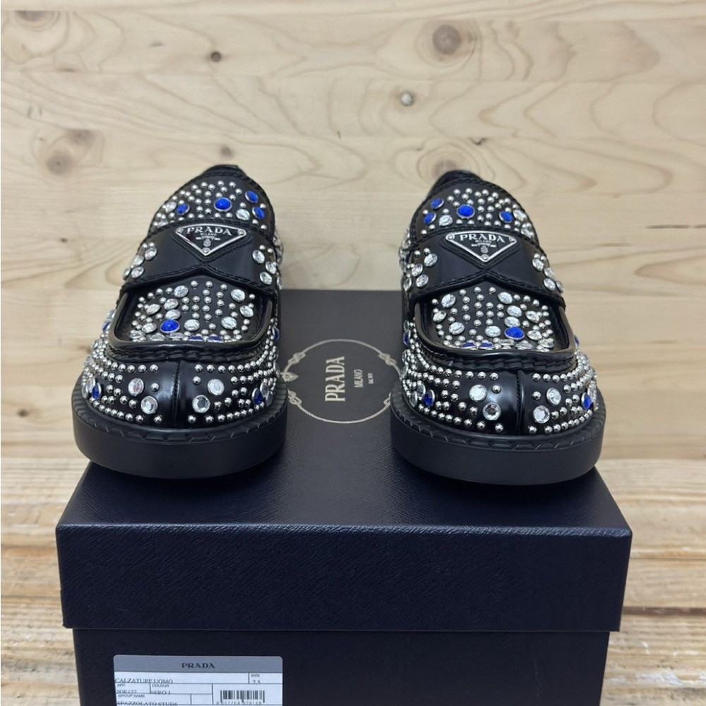 Prada unisex Black Embellished Loafers